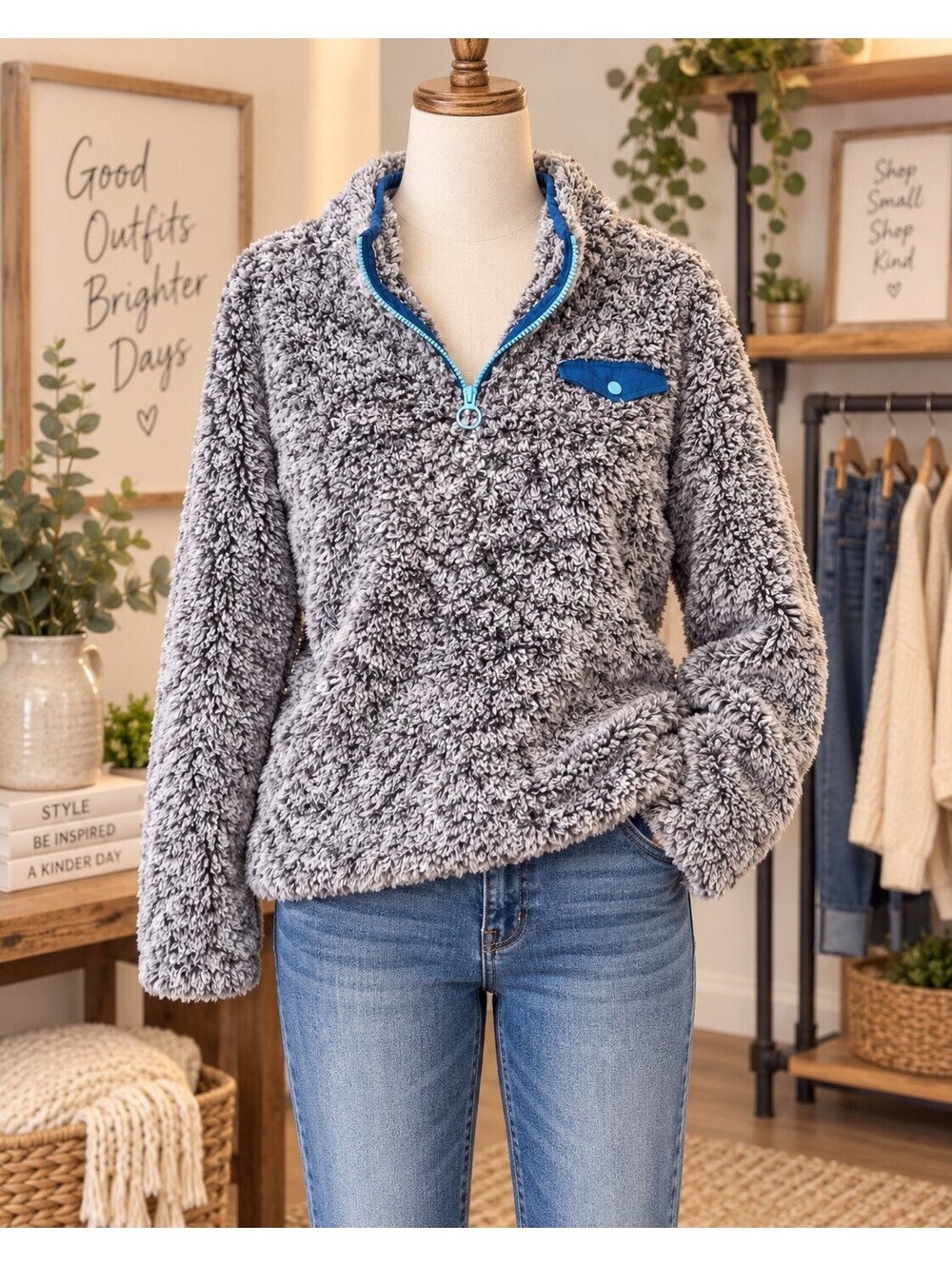 Aéropostale gray and white fuzzy sherpa fleece quarter-zip pullover fall layers
